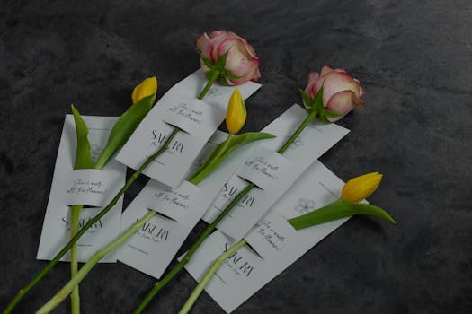 Beautiful arrangement of tulips and roses with personalized messages on a dark background.